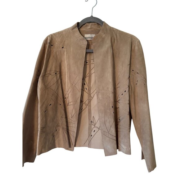 Vintage Fantazia Womens Beige Suede Jacket Embroidered Leaf Cutout Open Front - Picture 2 of 10